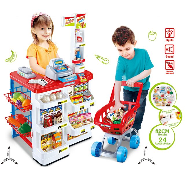 Simulation Luxury Supermarket Set Cash Register Shopping Cart Girls Pretend Play Toys Kid Education Toys