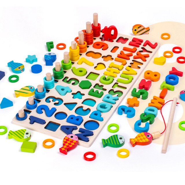 Children's Wooden Montessori Educational Toys Building Block Puzzle Fishing Count Number Digital Shape Matching Busy Board Toys