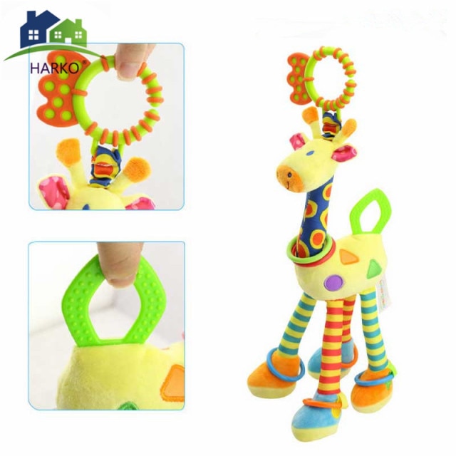 New Arrival  Soft Giraffe Animal Handbells Rattles Plush Infant Baby development Handle Toys Hot Selling WIth Teether Baby Toy