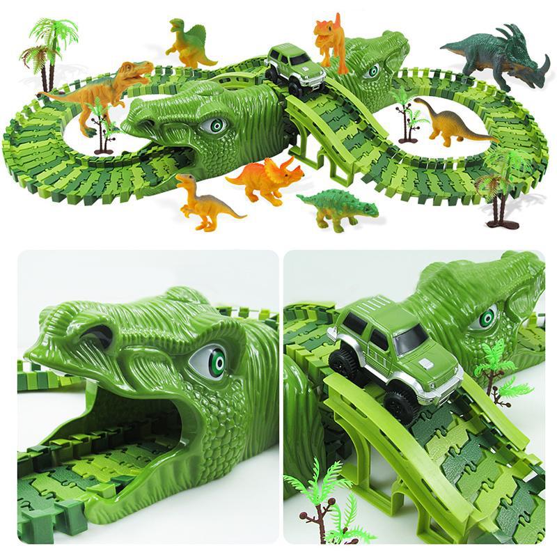 153pcs Dinosaur Electric Rail Car Track Racing Toy Set Bend Flexible Race Track Flash Light Car Educational Toys